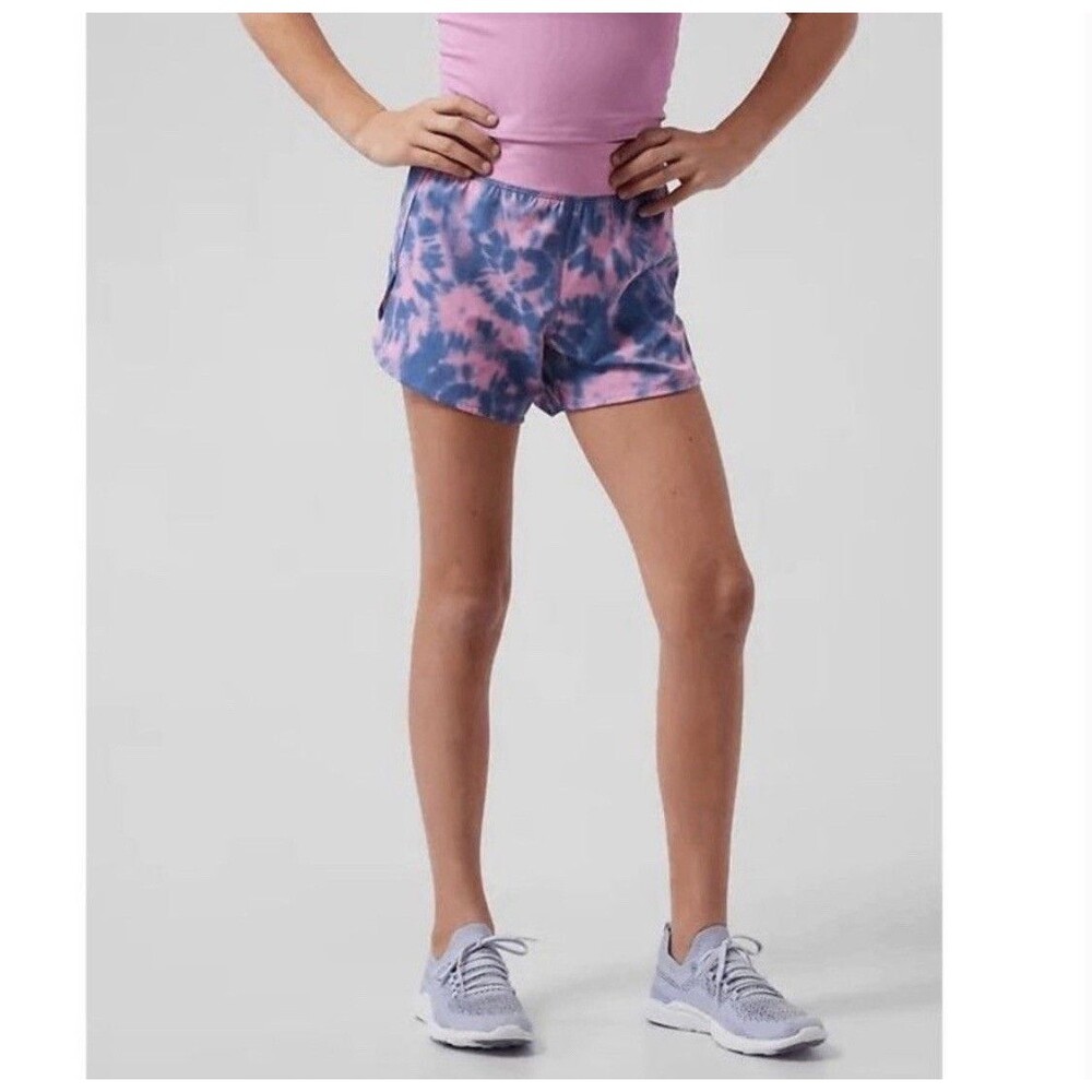 Athleta Girl Shorts Run the World 3” Size M 8/10 Pink Tie Dye Swirl Sport Game‎